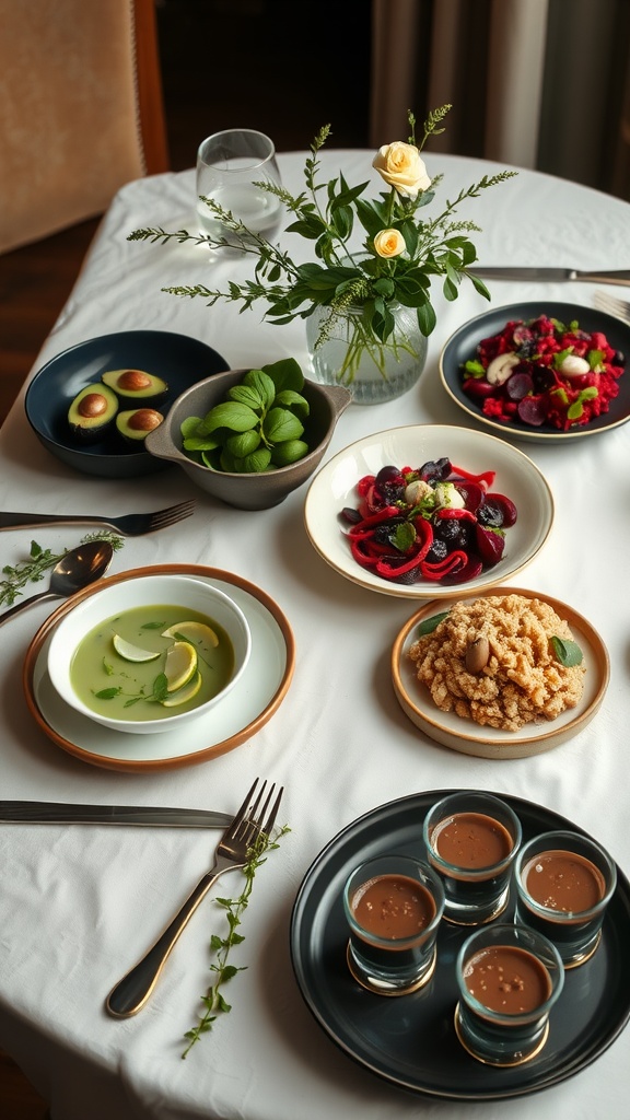 An exquisite vegan 5-course meal featuring stuffed avocados, cucumber soup, beet salad, mushroom risotto, and chocolate mousse.